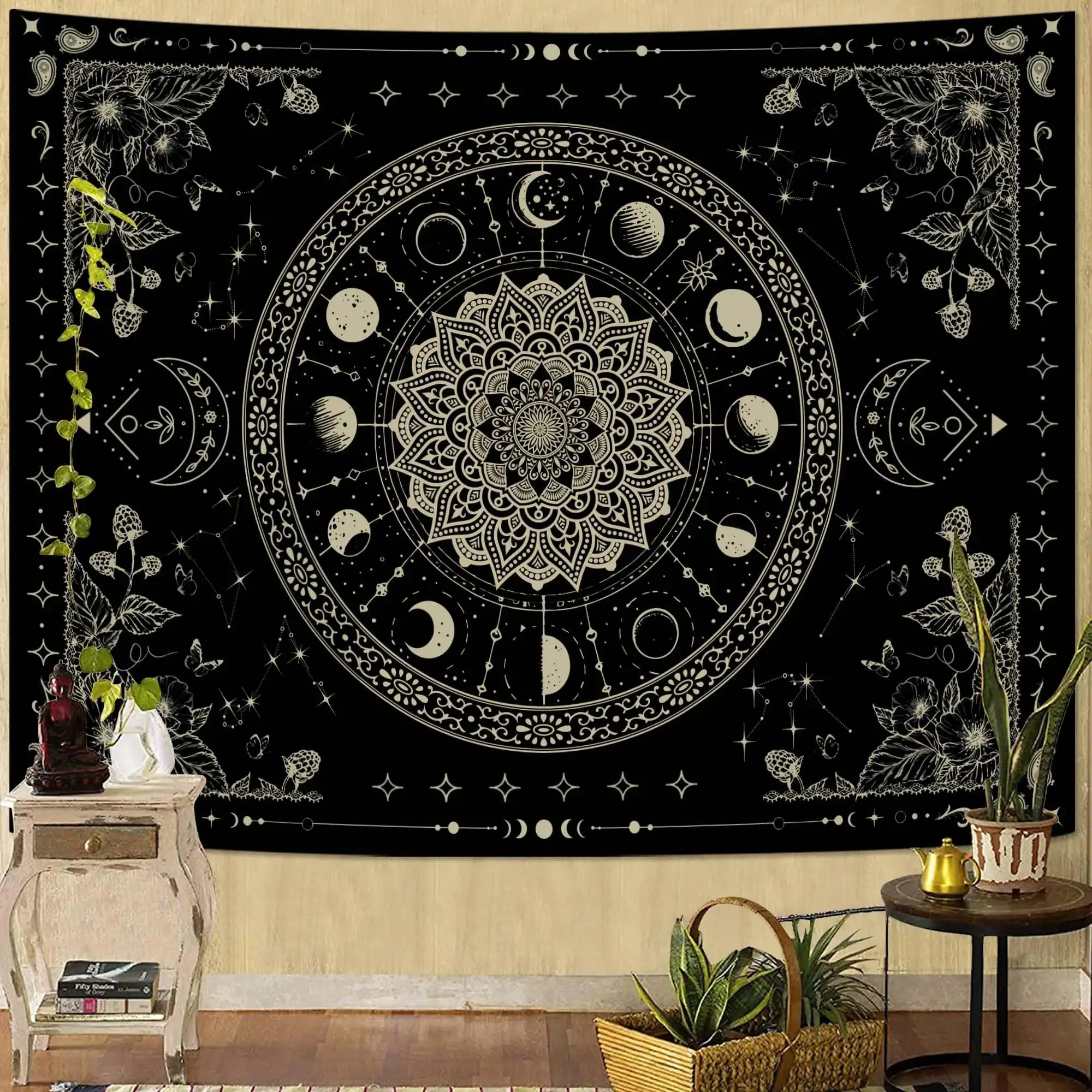 VIKAMA Boho Mandala Tapestry, Orange Floral Wall Hanging, Ethnic Aesthetic Decor for Bedroom Living Room Dorm