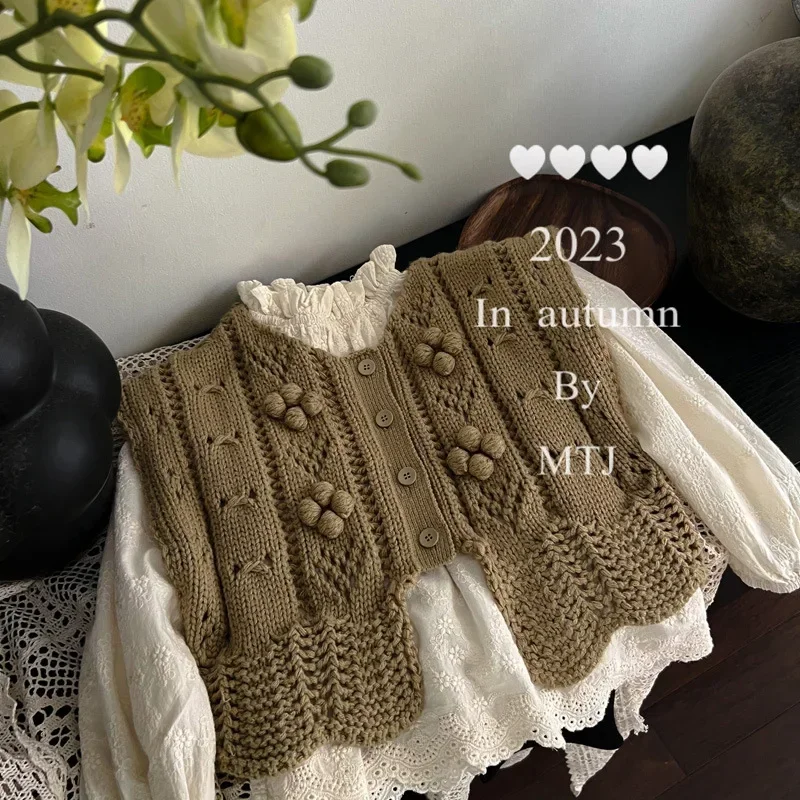 2023 Korean Baby Girls Crochet Vest Knitted Vest Floral Hollow Out Green Vest Tops Baby Clothes