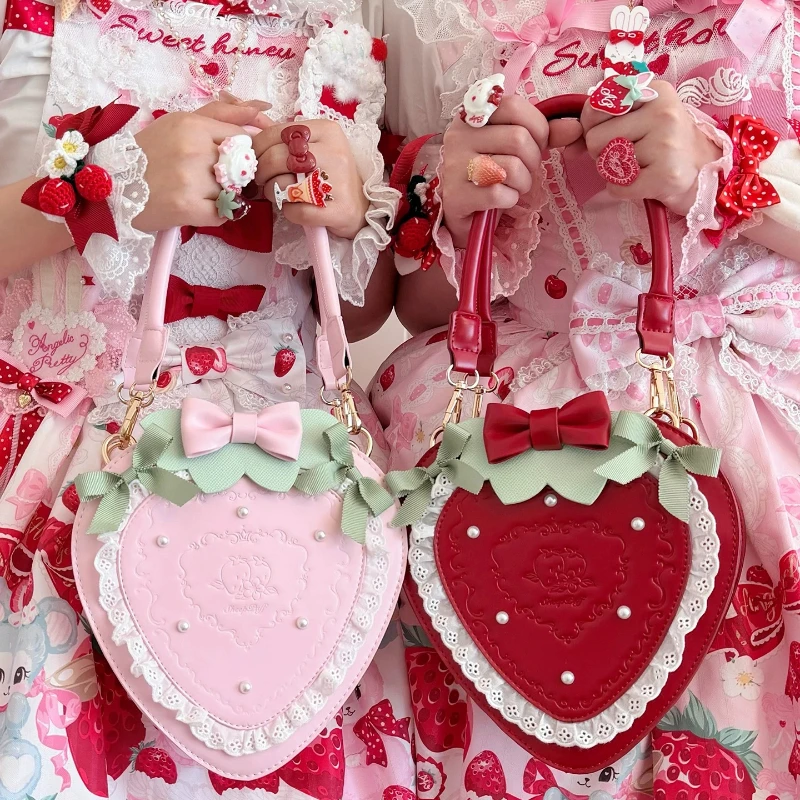Japanese Original Sweet and Cute Lolita Sweet Garden Strawberry Bag Soft Girl Bow Pearl Lace Handbag Pink Ancient Lo Bag Women
