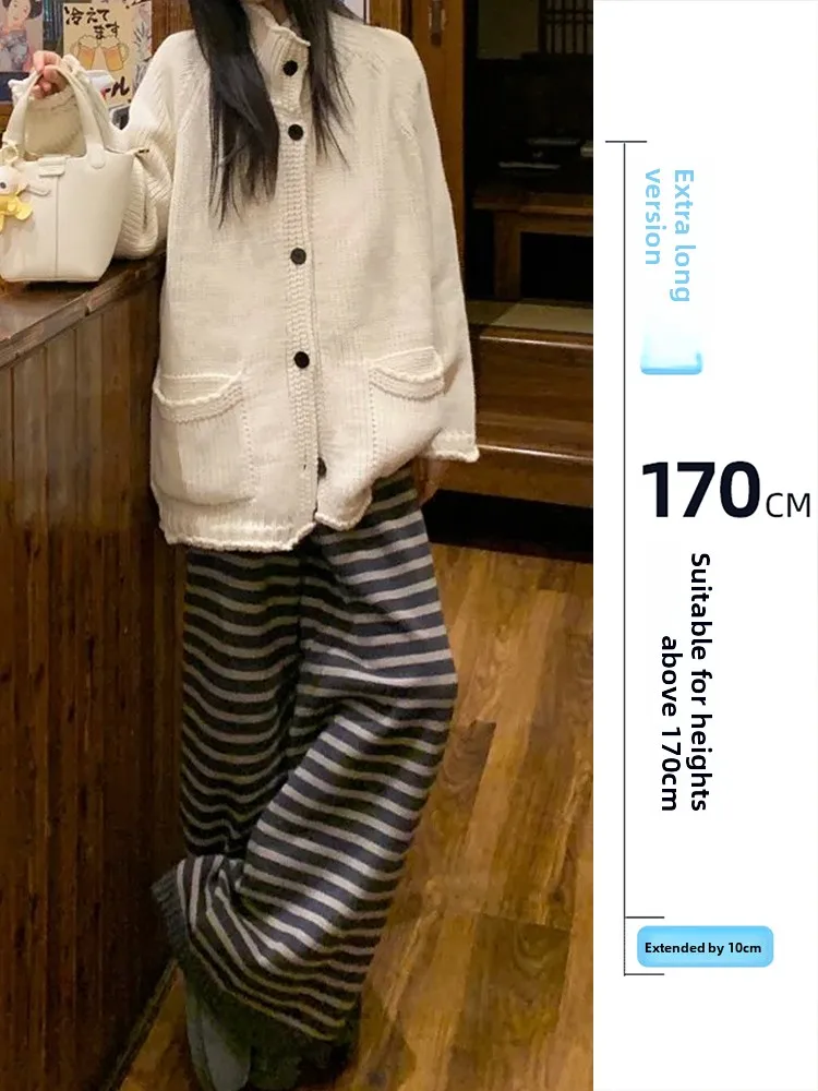 

Loose Fit Knitted Casual Pants Women's Autumn Winter High Waist Drapey Stripe Wide Leg Pants Floor Length Slimming Effect