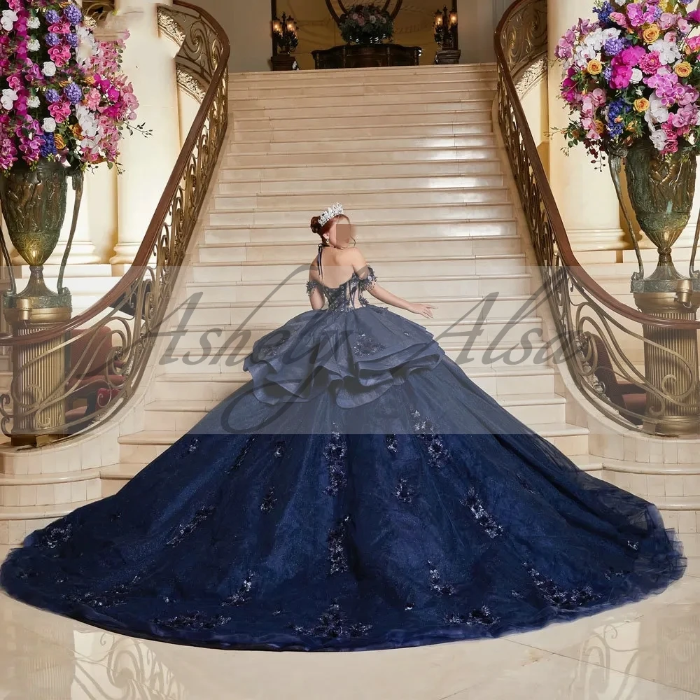 Customized Mexican Navy Blue Women Birthday Party Dress Prom Occasion Off Shoulder Illusion Flower Puffy Sweet 15 16 Quinceanera