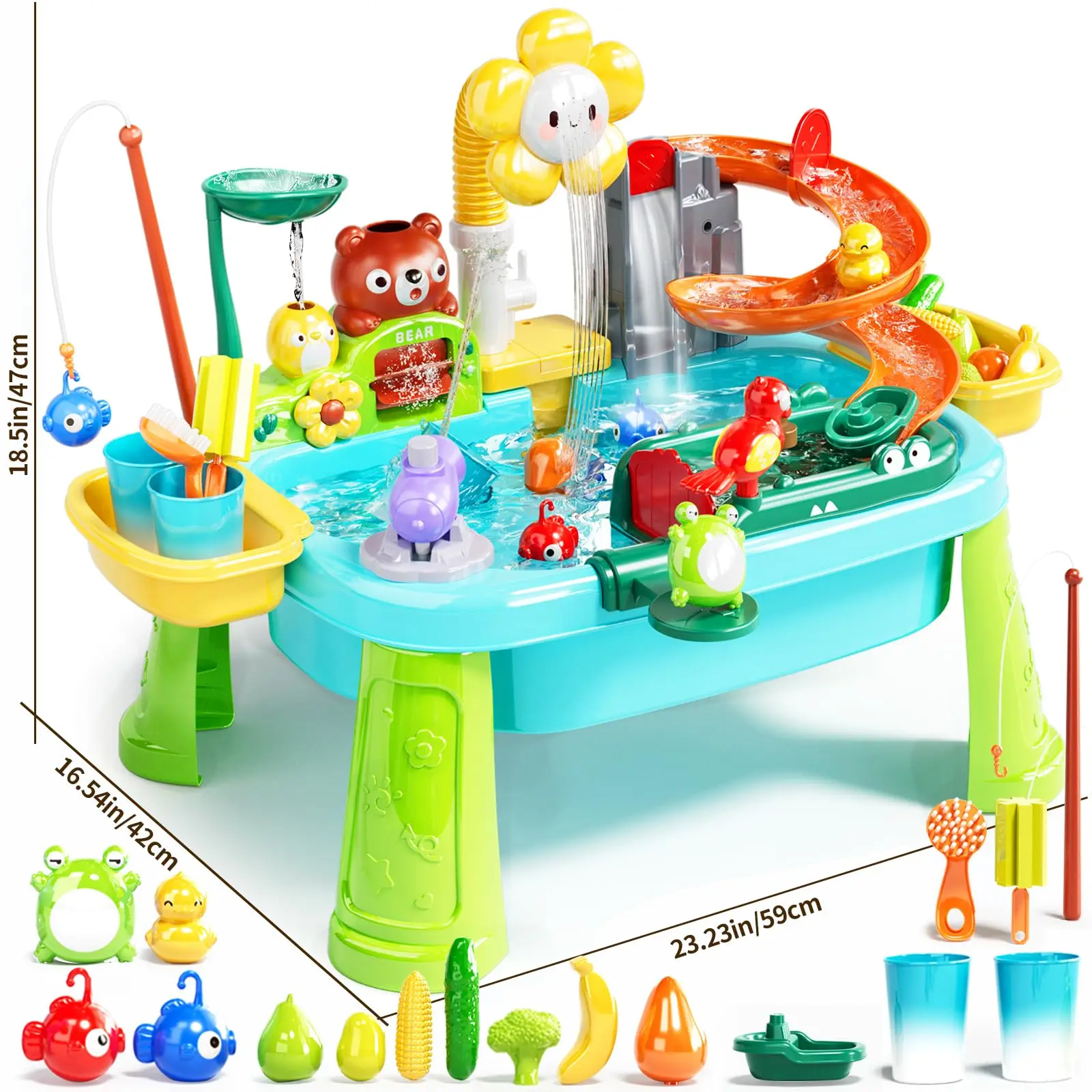 Water Table Play Sink Toys for Toddlers, Kids Play Kitchen Sink with Running Water, 360° Electric Faucet, Floating Fishing Game
