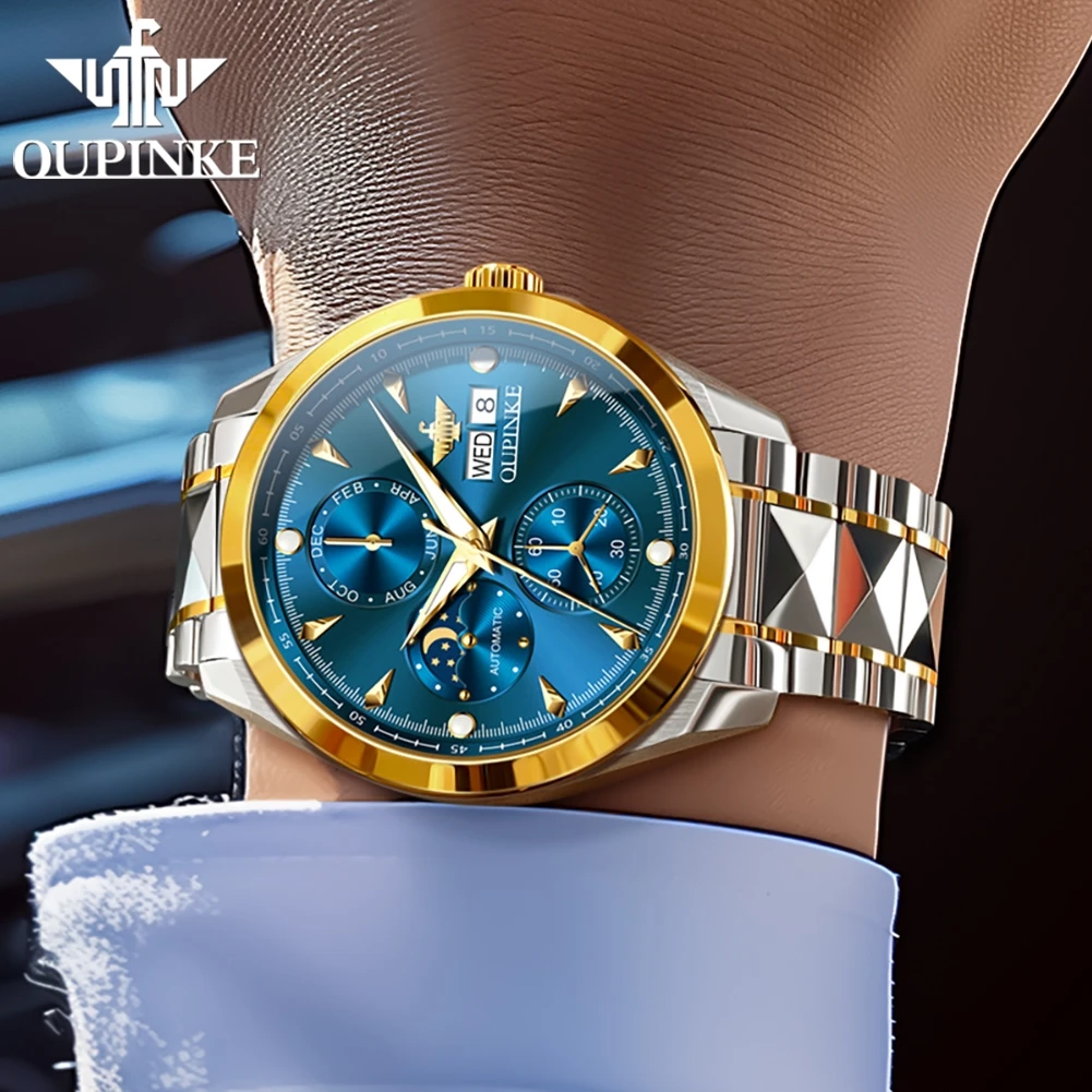 OUPINKE 3299 Moon Phase Automatic Man Watch Waterproof Dual Calendar Chronograph Luxury Original Brand Mechanical Men's Watches