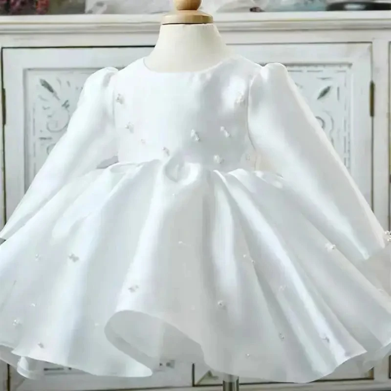 2024 Elegante Perline Bianco Battesimo Compleanno Neonati Abiti da damigella d'onore per bambini piccoli Abiti da ragazza di fiori abbinati Vestido