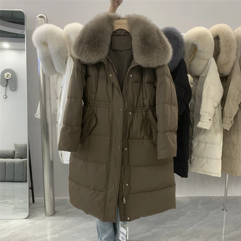 Korean Fashion Overcoat Big Fox Fur Collar Lapel Waist 90 White Duck Down Mid-length Women\'s Winter Puffer Down Jacket Coats