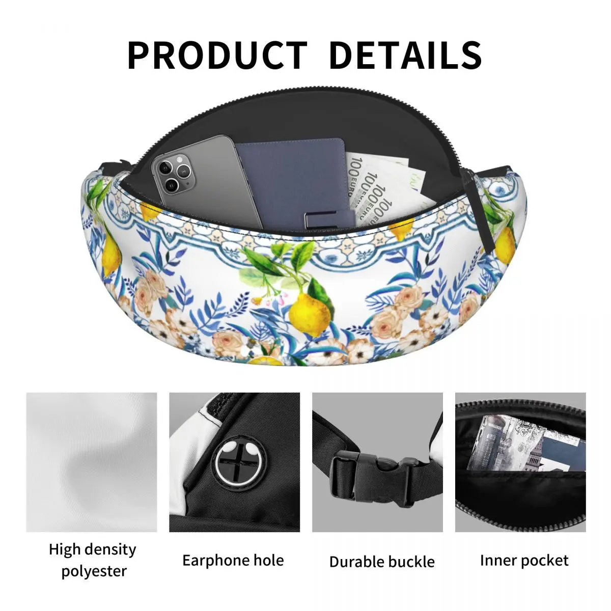 Custom Mediterranean Sicilian Tiles Lemons Fanny Bag Crossbody Waist Pack Men Women Cycling Camping Phone Money Pouch