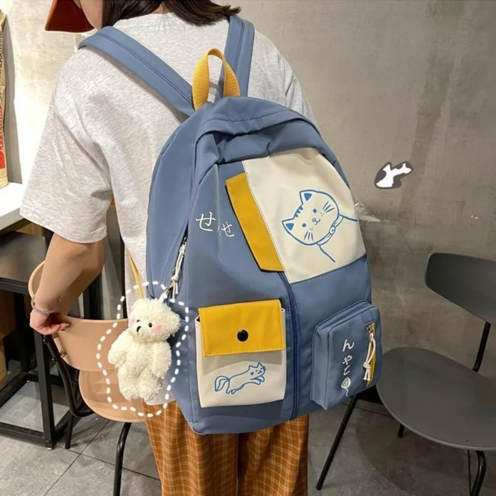 Sac à dos imprimé chat en nylon, grande capacité, polyester, dessin animé, animal, école, bouton, style japonais, étudiant, sac à dos, 03/3