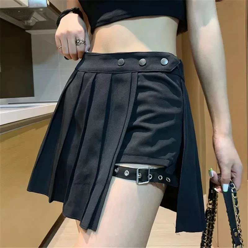 

Sexy Gothic Women Skirt High Waist Pleated Punk Black Summer Skirts Girl's skirt with shorts