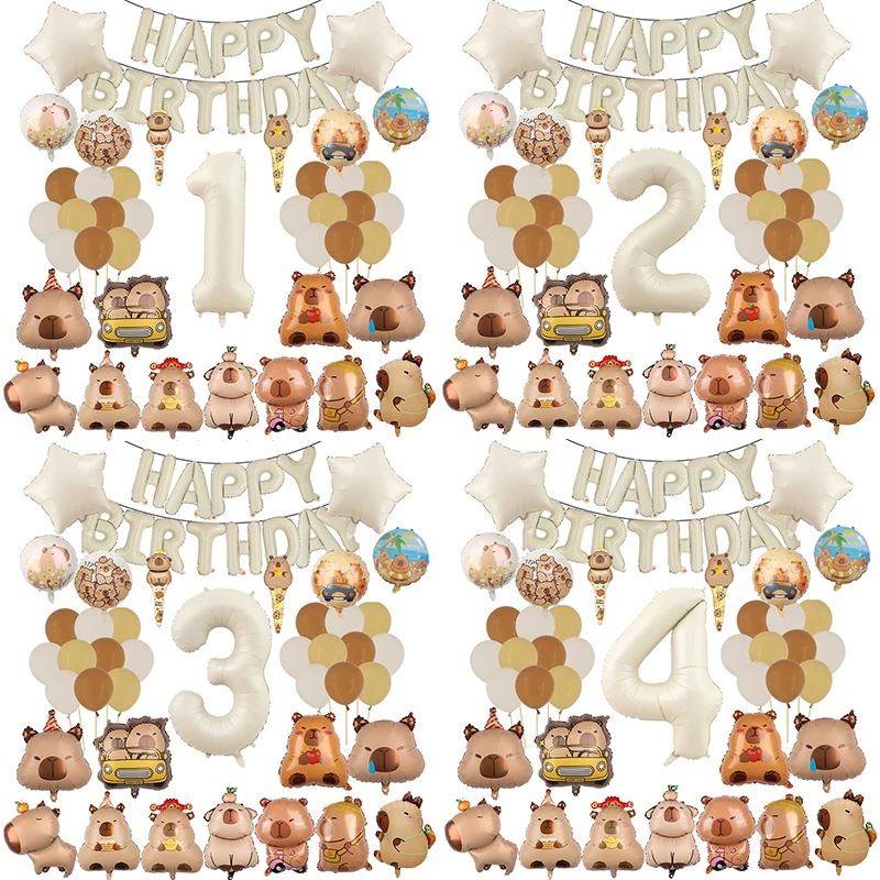 Cartoon Capibara Happy Birthday Party Balloon Set Capybara Foil Balloon Happy Birthday Banner 1-9old Kid Baby Shower Decor Globo