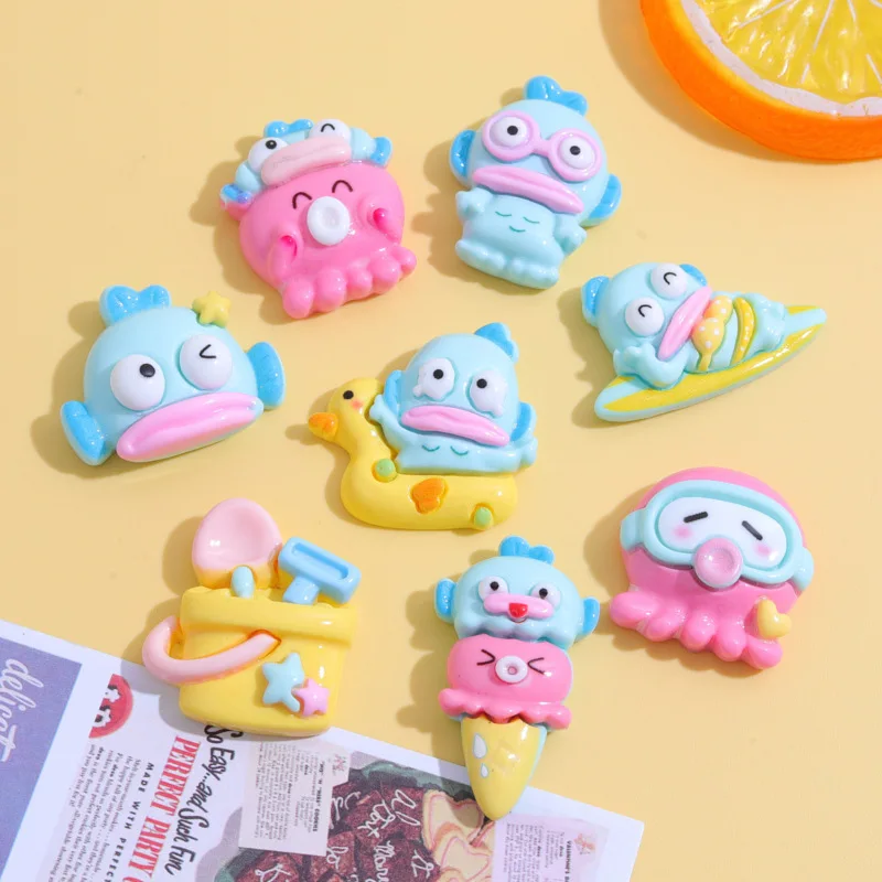 10Pcs Cute Cartoon Funny Creativity Octopus Hangyodon Ugly Fish Resin Accessories DIY Hairpin Handmade Decoration Materials