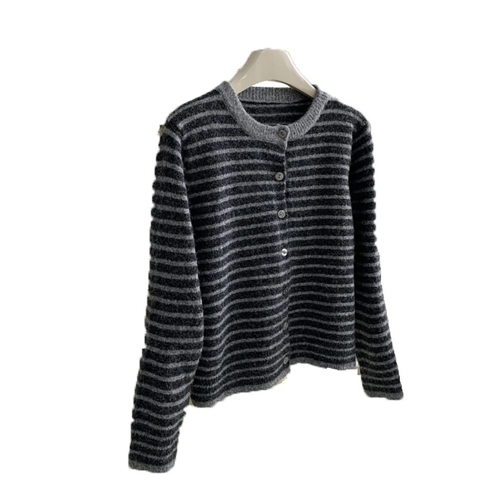 Casual Gestreifte Gestrickte Strickjacken Frauen Herbst Winter Kontrast Farbe Oansatz Einreiher Pullover Mäntel Weiche Alle-Spiel Pullover