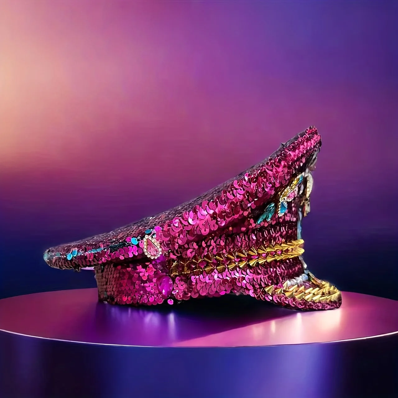 HongLuan Yellow Laser Leather Loop Captain Hat Rhinestone & Military Caps for Woman, Rave Festivals Accessories ＆ Party Cap Man