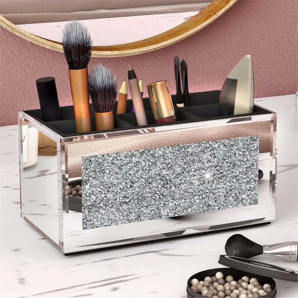 Utility Design Makeup Brush Holder Organizer with Crushed 3 Slot Mirrored Make Up Cosmetics Organizers and Storage