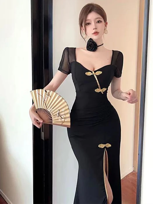 

Sexy Slimming Split Design Qipao Dress for plus Size Women High Waist Bodycon Skirt Long Sleeve Polyester Fiber Summer Dress