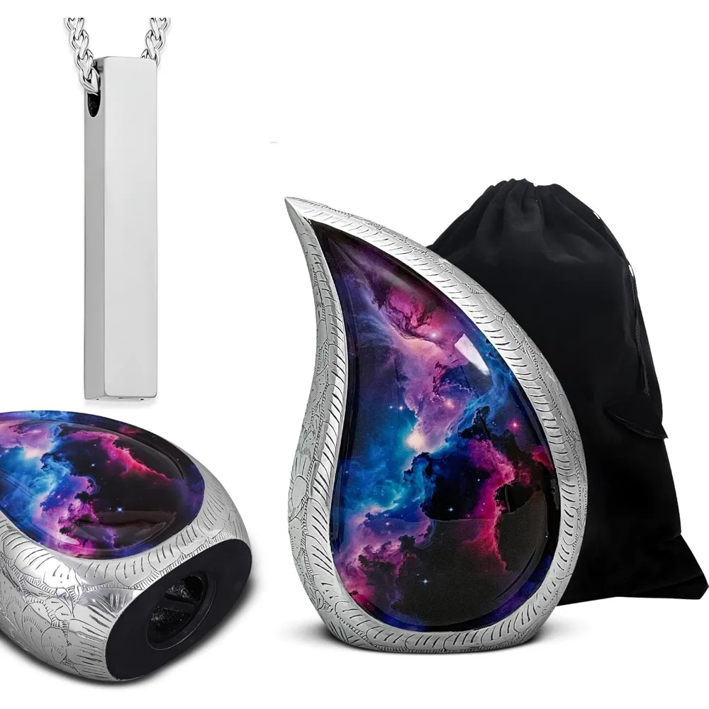 مجموعة جرة حرق الجثث للبالغين صديقة للبيئة - جرة جنازة كبيرة بتصميم دمعة للرماد البشري، تستوعب 220 رطلًا، تتضمن 2 صغير