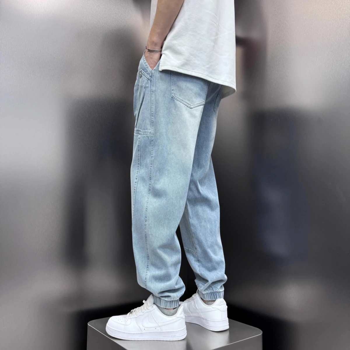 

Slim Fit Casual Blue Washed Summer Thin Denim Jeans Men's Loose Wide Leg Nine Point Cuffed Harajuku Style Cotton Polyester Blend