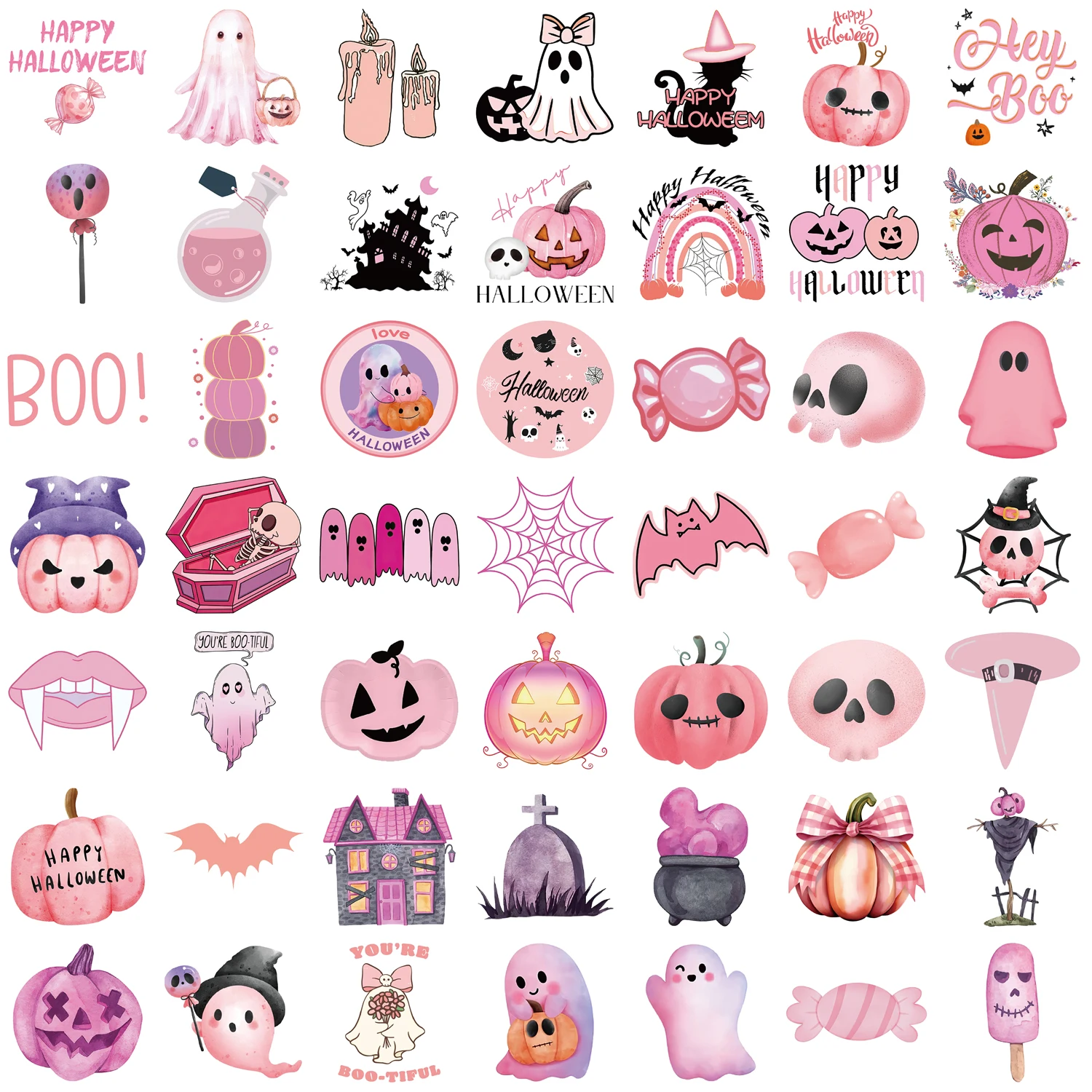 50PCS Kawaii Pink Halloween Ghost Skull Pumpkin Stickers Waterproof Cute Decorative Notebook Guitar Skateboard Sticker Toy﻿