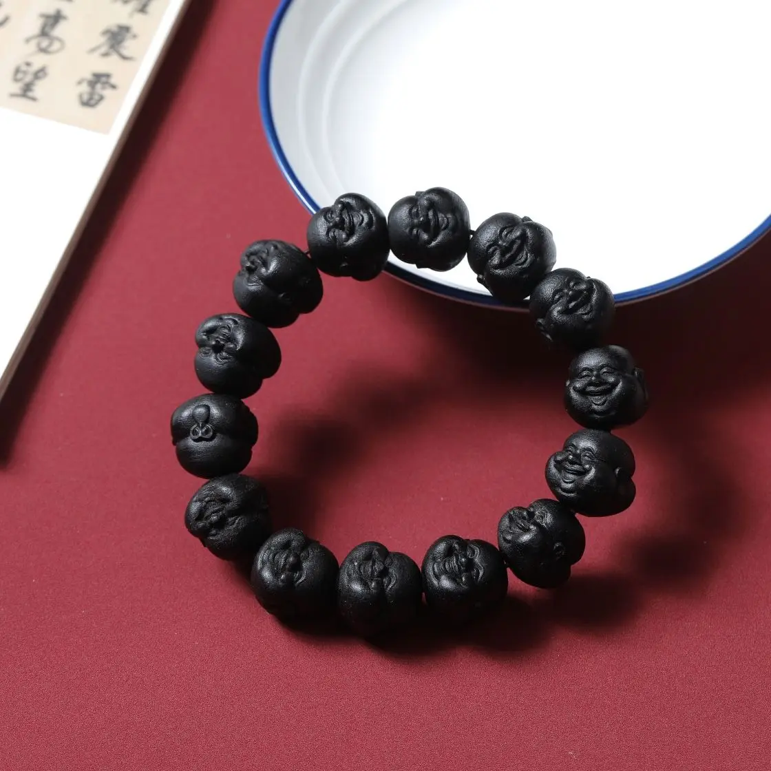 Natural Brunei Agarwood Bracelet Maitreya Buddha Laughing Buddha Beads Carving Process Collection Old Black Oil Rosary Beads