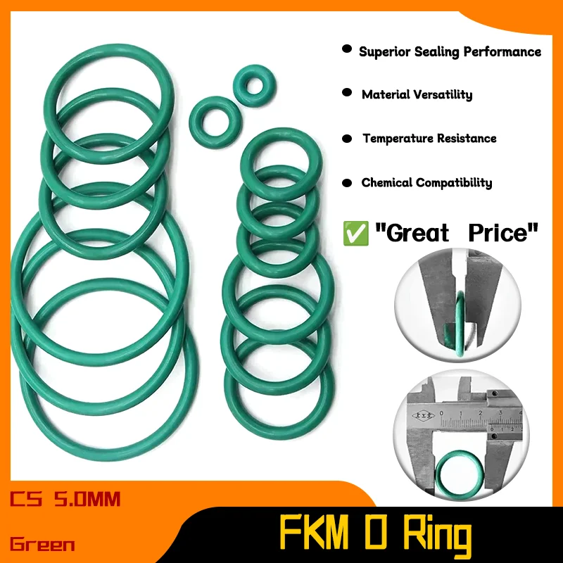 

Green FKM O Ring Sealing Gasket Oil Resistant High Temperature Resistance Fluorine Rubber Rings 10pcs CS 5.0mm OD 16~100mm
