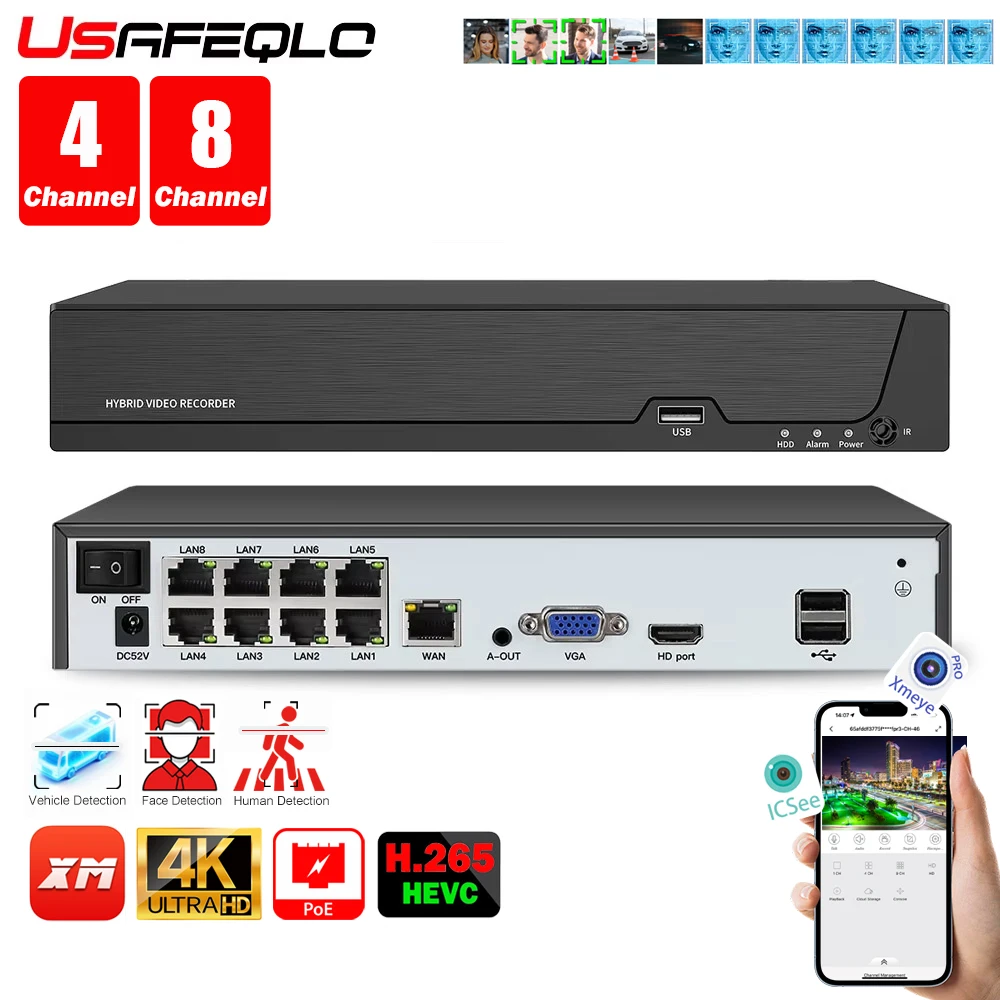 Face detection H.265 8ch*4K 4ch/8ch PoE Network Video Recorder Surveillance PoE NVR 4/8Channel For HD 8MP 5MP IP Camera