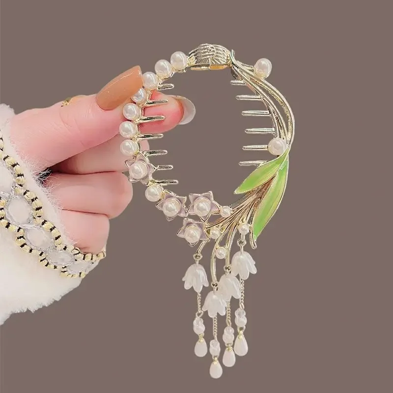 Women Girl  High Ponytail Hair Clip Sweet Chinese Style Flower Pearl Tassel Alloy Lady New Headwear Hair Claw Hair Accessories