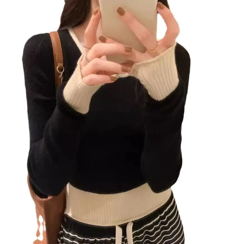 

Chic Slim-Fit Long-Sleeve Color-Blocked Base Shirt for Women Early Autumn New Design Stylish Inner Layer Knit Top
