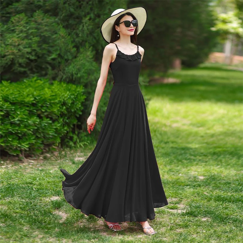 

Red Chiffon Spaghetti Strap Dress, French Style Beach Dress with Belt for Slimming Effect, 2026 Summer New Arrival Long Vacation