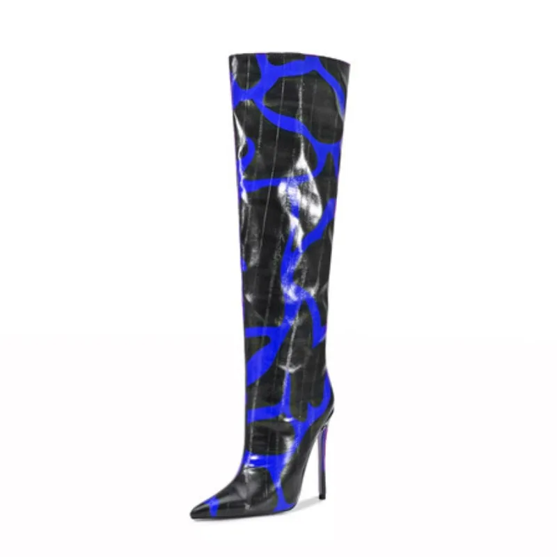 

European and American Style Slim High-heeled Black and White Striped Wide Toe Knee High Boots, Women's Sexy Sleeve Banquet Shoes