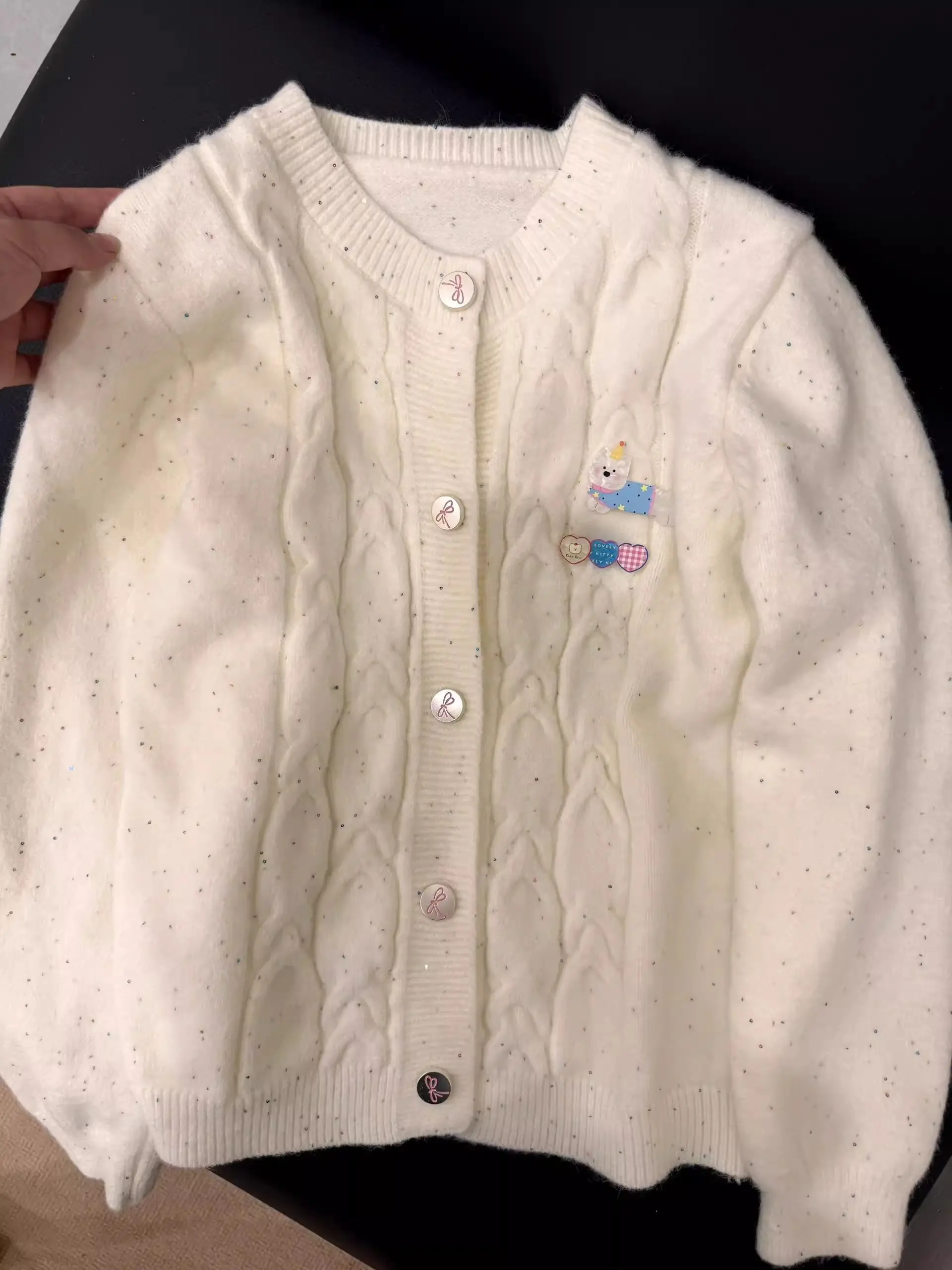 

Sweet Soft Knitted Cardigan Sweater Women's Loose Spring Autumn Dot Casual Sle Long Sve round Ne Button up Top