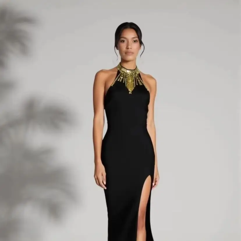 

New High Elegant Black High Neck Long Bandage Dress with Gold Beaded Collar and Thigh Slit – Formal Evening Gownfor Women