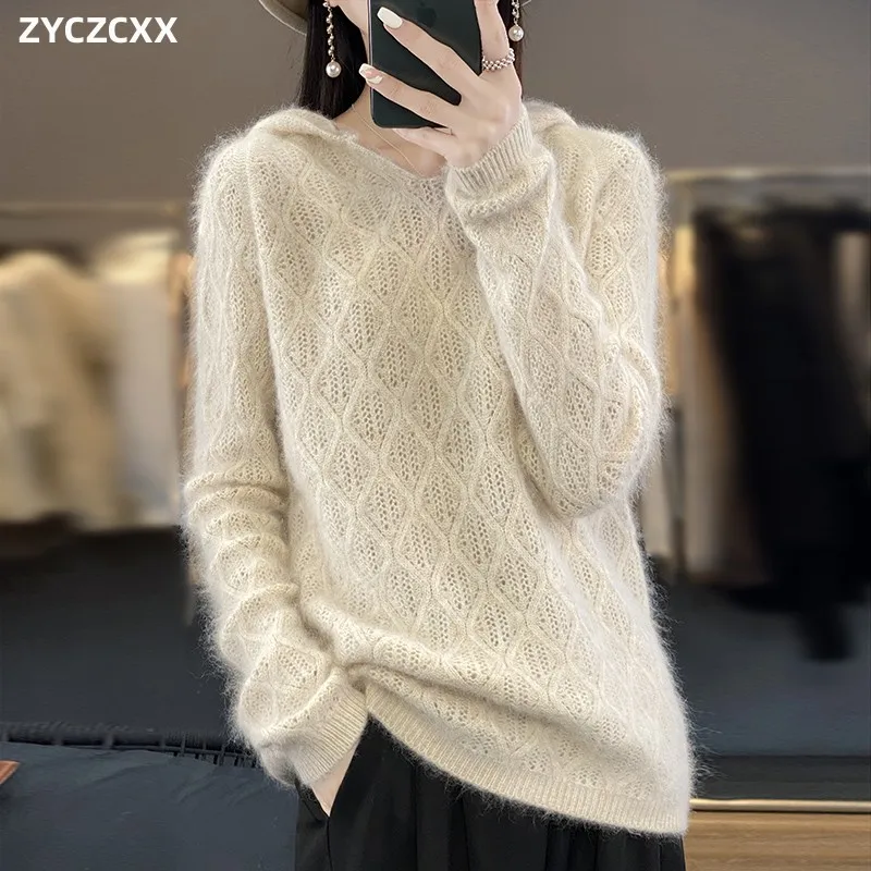 ZYCZCXX 100% Mink Cashmere Women's Hooded Sweater Thick Warm Jumper 2023 New fashion Sweater Solid Ccolor Wwomen's Sweater