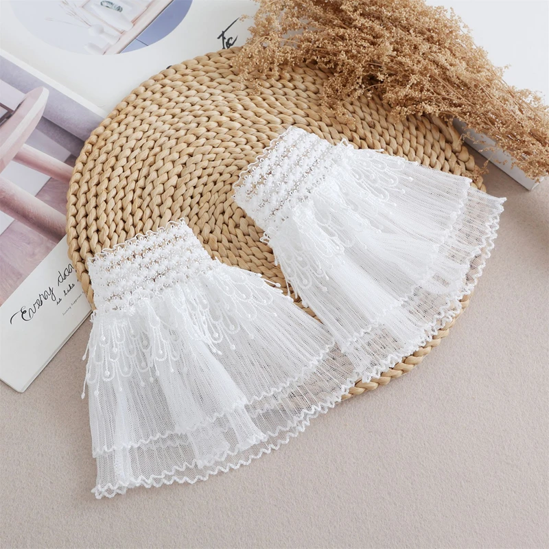 

White Tull Elastic Short Fake Flared Sleeves Double Layer Ruffle Lace Detachable Cuffs Sweater Decorative Accessories