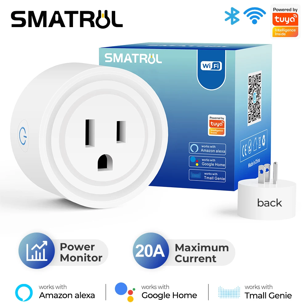 20A Tuya Smart Wifi Plug US Wireless Control Socket Outlet with Energy Monitering Timer Function Works with Alexa Google Home