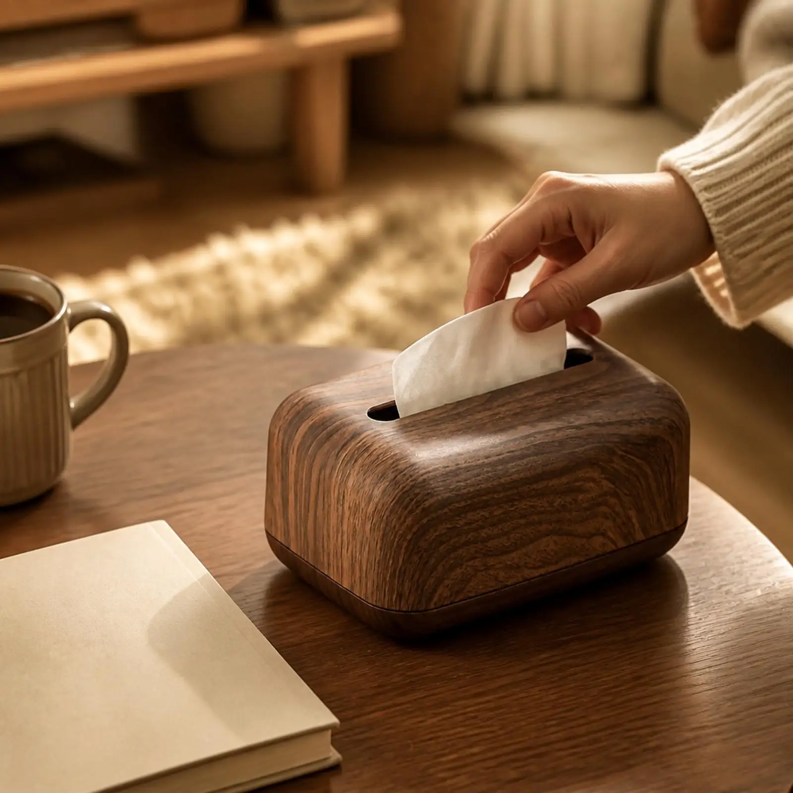 Compact ABS Plastic Tissue Box Holder with Walnut Texture and Smooth Curved Corners for Living Room Bedroom