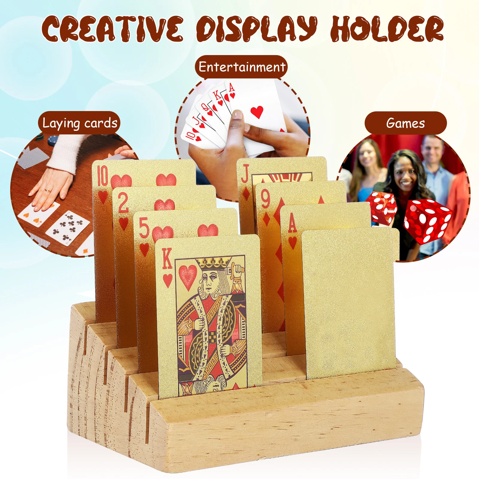 Drewniany stojak na karty z ukośnymi przegródkami, zapewniający pewny chwyt podczas gry w bridge i innych kartowych grych, wygodna tacka.