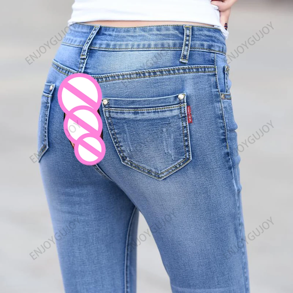 보이지 않는 오픈 크로치 야외 섹스 여성용 청바지 심플하고 스타일리시한 이국적인 타이트 캐주얼 바지 밝은 색상의 펜슬 팬츠