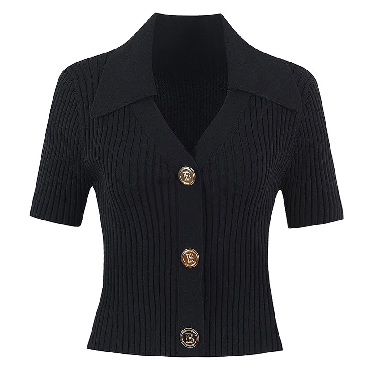 SML High Quality Fashion Polo Collar High Elastic Knitted Fabric Slim Fit Short Sleeve Slim Fit Temperament Sexy Women Cardigan