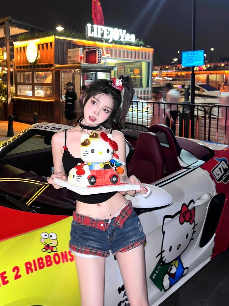 Y2K Millennium Style Spicy Girl Plaid Patchwork Cuffed Low Waist Denim Super Short Summer New Wrap around Hot Shorts