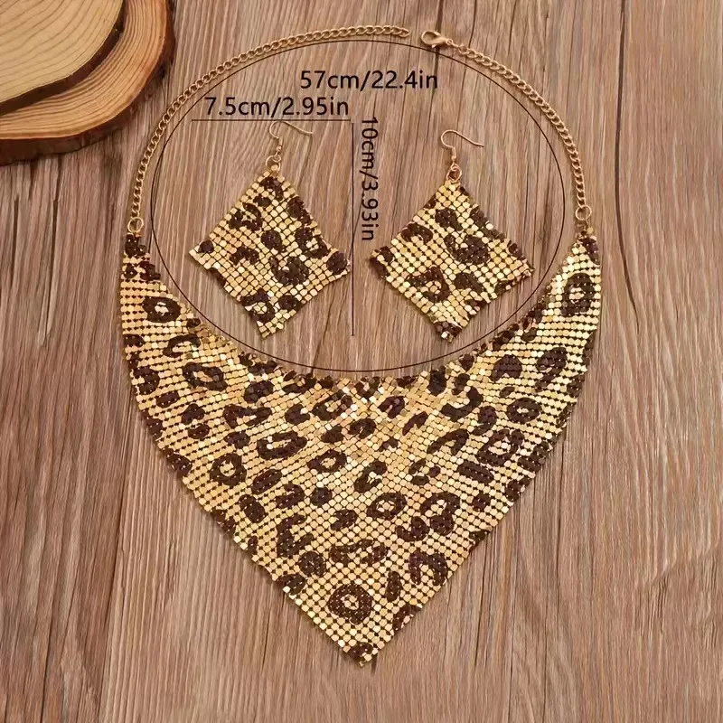 Exaggerated Leopard Print Triangle Scarf Shaped Necklace Diamond Drop Earrings For Women Fashion Party 2PCS Jewelry Set image 4
