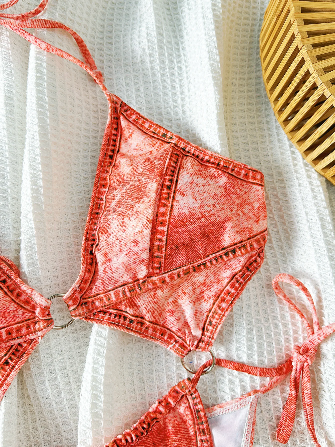 Denim Print One-Piece Bikini Sexy Tie-Front Monokini Swimsuit One Piece Bodysuit 2025 Summer Women Sexy Bandage Lace Up Swimwear