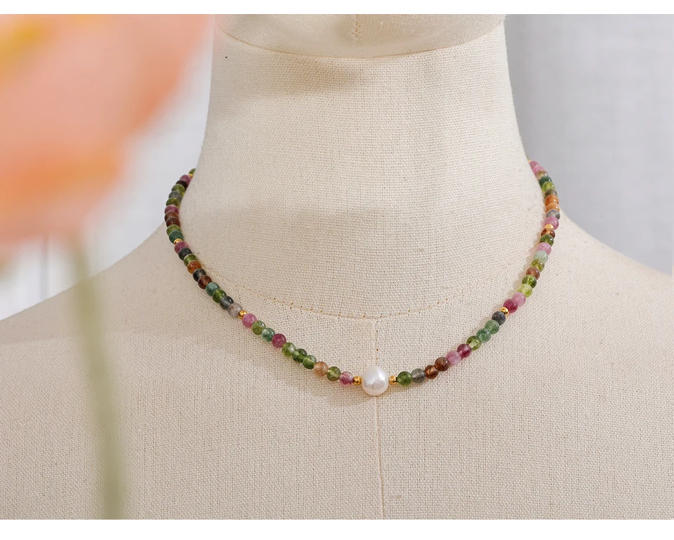 Yhpup Mehrfarbige natürliche Turmalin Stein Perle Halbedelstein Perlen Luxus Damen Halskette handgemachte Edelstahl Schmuck Geschenk – Detail 7