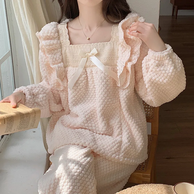 

Thicken Flannel Female Pajamas Sleepwear Set Winter Coral Fleece Coral Fleece Loungewear Trouser Suits Pijamas Sweet Homewear