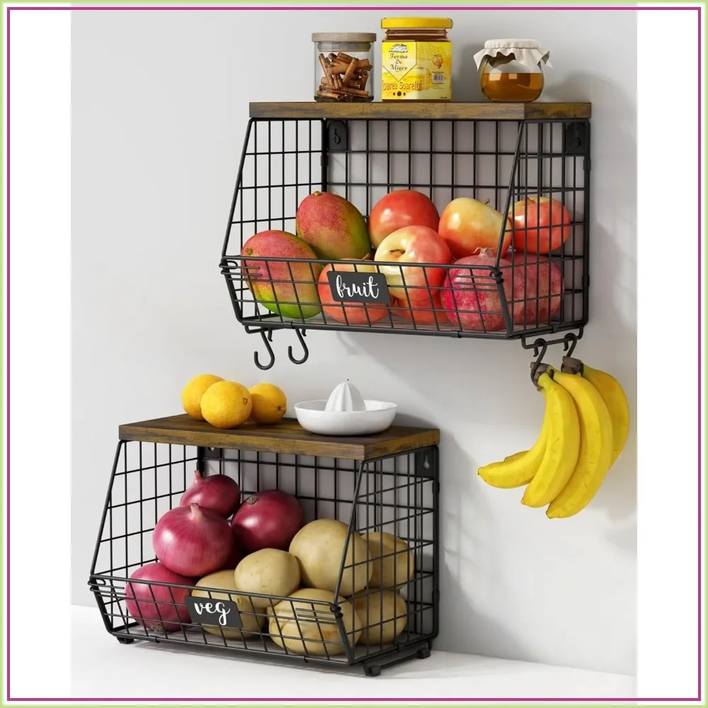 

Stackable Wire Fruit Basket 2 Pack with Wood Lid, Banana Hook, Black Rustic Kitchen Organizer