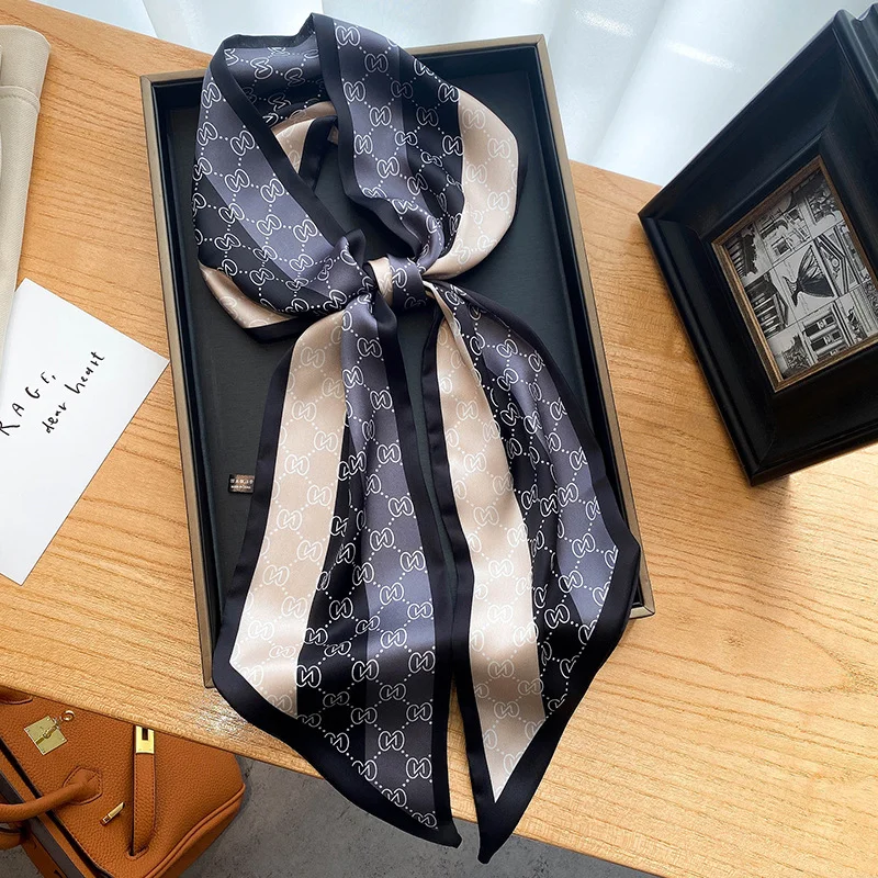 New Long Decorative Scarf Luxury Neckerchief For Women Spring/Summer Imitation Silk Ribbon Fashion Female Print Headband