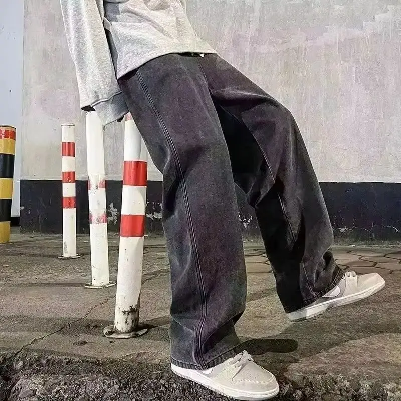 2025年新作 韓国メンズカジュアルロングジーンズ クラシックメンズストレートデニムワイドレッグパンツ ジム 無地 ライトブルー グレー ブラック S-3XL