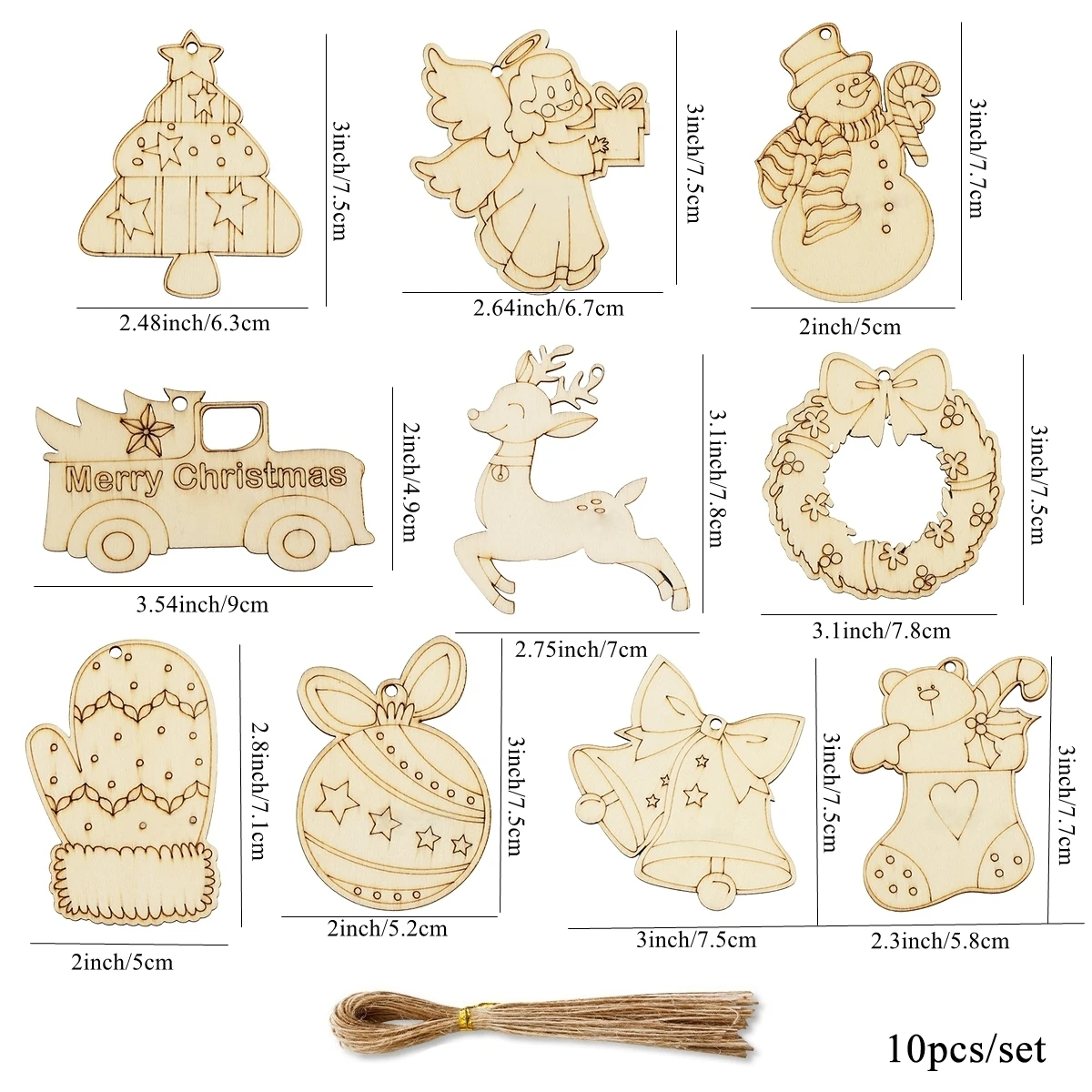 10 Stück Weihnachts-Holzhandwerk, niedlicher Engel, Hirsch, hängende Anhänger für Weihnachten, Zuhause, Party, Baumdekoration, Kinder, DIY, Malerei, Ornamente