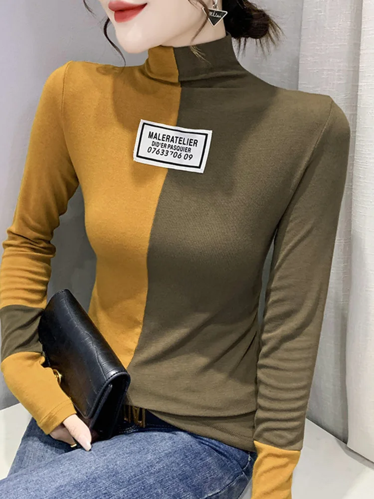 2025 Design Sense Splicing Half High Collar Long Sleeve T-Shirt For Wen's Winter Thick Patchwork Top Fashionable Slimming