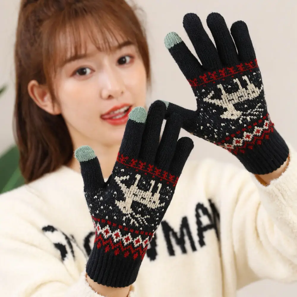 Cute Deer Winter Mittens Ladies Thick Plush Touch Screen Gloves Soft Thermal Double Layer Comfortable Outdoor Hand Warmers