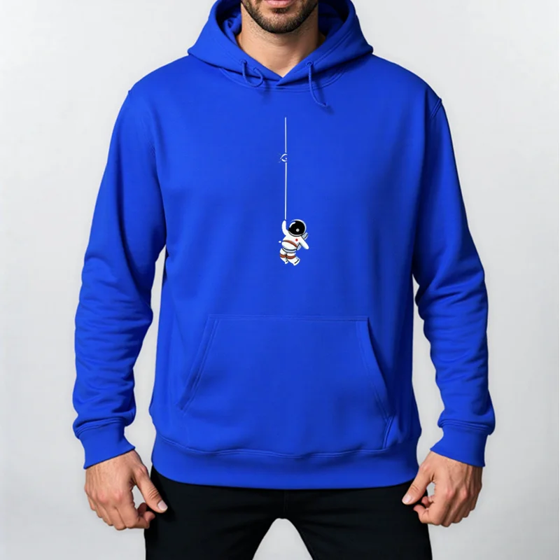 2025 New Autumn Winter Fashion Astronaut Print Hoodie Loose Tops Solid Colour Hooded Polyester Men'S Sweatshirt Simple Casual