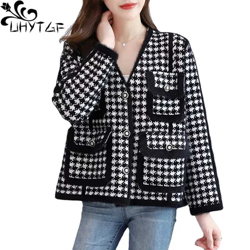 UHYTGF qualità imitazione visone velluto giacca di lana donna moda doppia tasca Cardigan lavorato a maglia cappotti autunnali Plaid femminile top 2176